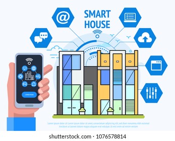 Smart House Technology Concept. Human hand holding smartphone with control system app. Vector illustration 
