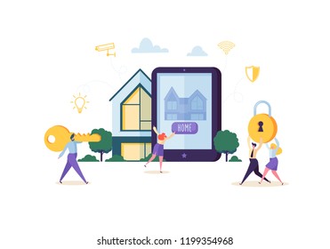 Smart House Technology Concept. People Characters Controlling Home Sequrity and Power Energy with Mobile Application on Tablet. Vector illustration