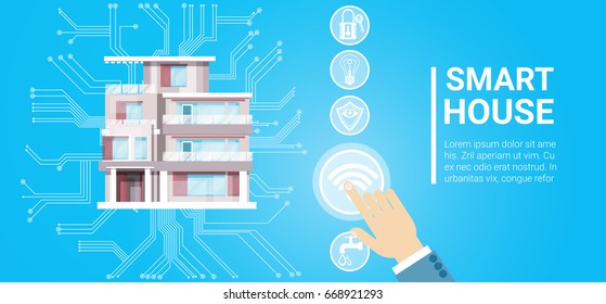 Icono de sistema de control de tecnología Smart House con iluminación de vectores de espacio de copia