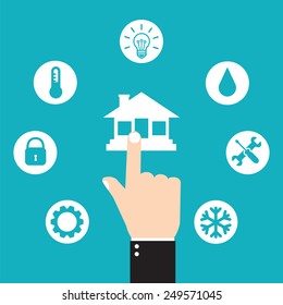 Smart house technology. Hand pressing icon