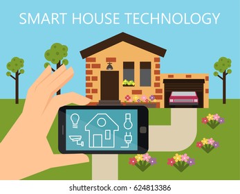 Smart house technology. Home controlling system. Flat design vector illustration