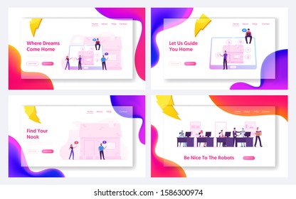 Smart House Technology, Human vs Robots Website Landing Page Set. People using Internet of Things App, Cyborgs Working in Office with Businesspeople Web Page Banner. Cartoon Flat Vector Illustration