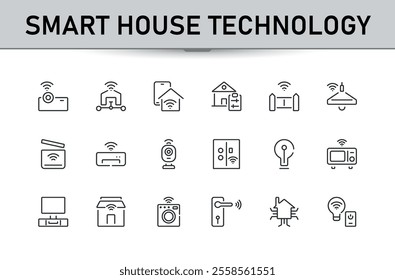 Smart house technology icon set. Includes thin line elements, automation, ui, residential, ai and more. Set of line pictogram. Vector illustration in modern line style.