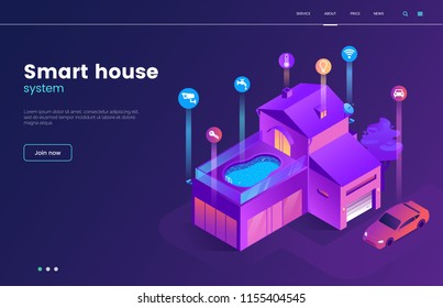 Smart House Technology Isometric Illustration With Icons. Intelligence Home Building Landing Page Concept. Modern Web Page Interface Design. Internet Of Things. Vector Eps 10.