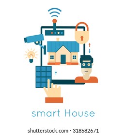 Smart House house technology system with centralized control security and video surveillance. Flat design vector illustration.