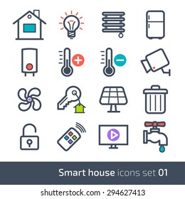 Smart house technology system icons with control of lighting, heating, ventilation and air conditioning, security and video surveillance // 01