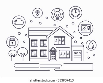 Smart house technology system in line flat design . Vector illustration .  Apply to website , book cover , poster ,  infographics .