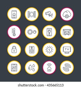 smart house technology system line icons set, home automation control system, smart house round signs, vector illustration