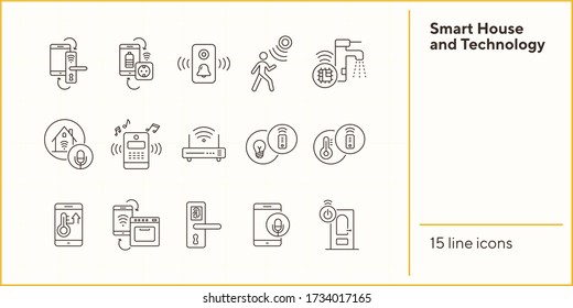 Smart House and Technology vector icon set. Thin line contours. Smart house concept. Flat illustration can be used for web design, interface, mobile application, infographics, advertising