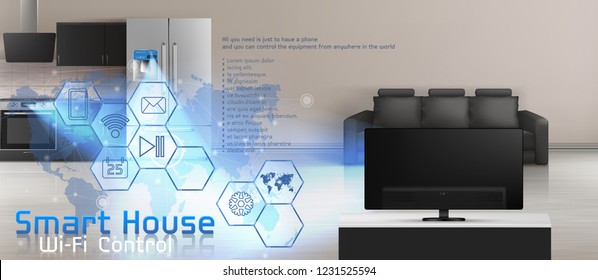 Smart house vector concept illustration, internet of things, wireless digital technologies to manage your home. Modern apartments with household appliances, black sofa and tv, template for roll banner
