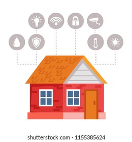 Smart House. Vector illustration on white background. Picture of a house and badges around.