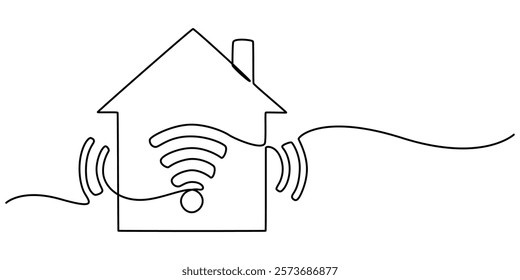 Smart house with wifi continuous one line drawing of white background. Continuous Line Drawing of Smart House Icon. Hand Drawn Symbol Vector Illustration, Work From Home Line Icons With Editable. 