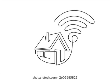 Smart house with wifi continuous one line drawing of white background. Continuous Line Drawing of Smart House Icon. Hand Drawn Symbol Vector Illustration, Work From Home Line Icons With Editable.