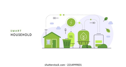 Smart household and neutral living. Waste conterted into energy. Electricity production scheme. Abstract infographic concept. Flat illudtration. Vector file.