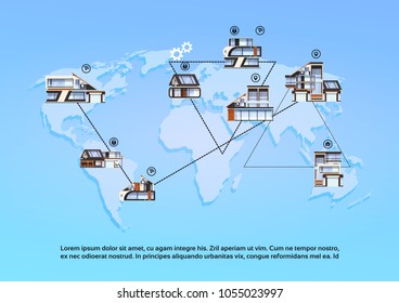 Concepto de automatización del hogar de tecnología moderna en el mapa del mundo