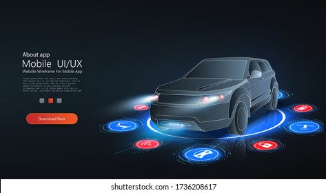 Smart HUD Or Intelligent Car Future Concept. Futuristic Automotive Technology With Autonomous Driving, Driverless Cars. Hologram Auto, Futuristic Polygonal Model Auto. Smart Auto Ai. Electric Machine.