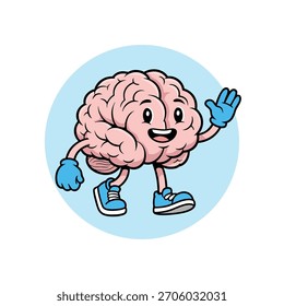 Smart human brain cartoon character mascot walking and waving hand with a happy smile. Vector Illustration