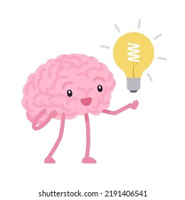 Smart human brain cute character holding lamp bulb. Young, healthy, sharp idea, productive cognitive health, personal success and business achievement. Vector flat style illustration