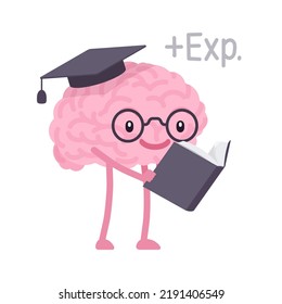 Smart Human Brain Cute Character Book Reading Pose. Development, Function, Health, Memory And Learning, College Graduating To Master New Skills, Professional Experience. Vector Flat Style Illustration