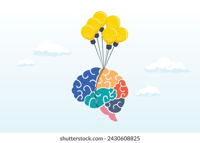 Smart human brain fly with lightbulb idea balloons, brain power, idea or creativity to help success, intelligence knowledge or wisdom, innovation or imagination for thinking to develop idea (Vector)