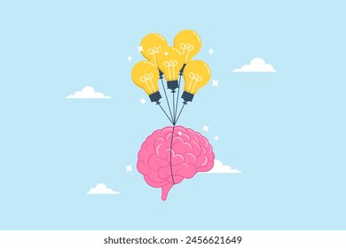 Smart human brain flying alongside lightbulb idea balloons, illustrating creativity and intelligence in achieving success. Concept of ability to apply knowledge, wisdom, innovate and imagination