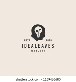 smart human head think bulb leaf idea logo hipster vintage vector icon illustration