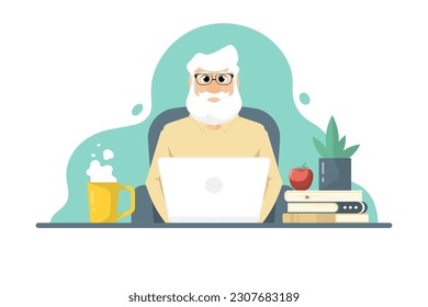 Smart human senior typing laptop over sofa chair on isolated background, Vector illustration.