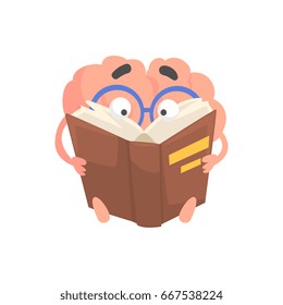 Smart humanized cartoon brain character reading a book, intellect human organ vector Illustration