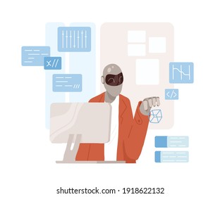 Smart humanoid robot works at computer with a virtual interface in augmented reality. Futuristic artificial intelligence concept. Colored flat vector illustration isolated on white background