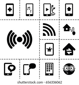 Smart icon. set of 13 filled smarticons such as poker on phone, nerd emoji, phone with heart, phone and earphones, home connection, smart home