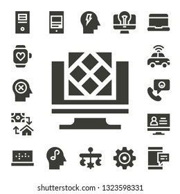 smart icon set. 17 filled smart icons.  Collection Of - Computer, Smartwatch, Mind, Artificial intelligence, Mortgage, Autonomous car, Phone call, Monitor, Laptop, Mobile, Settings