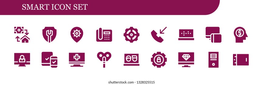 smart icon set. 18 filled smart icons.  Simple modern icons about  - Mortgage, Settings, Telephone, Phone call, Laptop, Responsive, Mind, Computer, Automaton, Tablet
