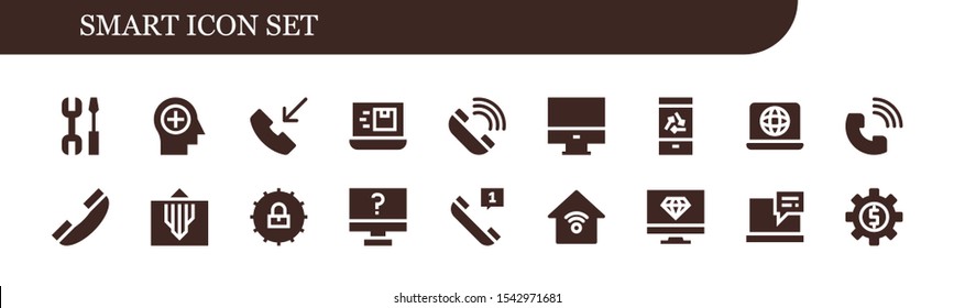 smart icon set. 18 filled smart icons.  Collection Of - Settings, Mind, Phone call, Laptop, Telephone, Computer, Mobile, Smart house icons