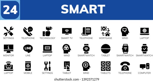 smart icon set. 24 filled smart icons.  Collection Of - Settings, Telephone, Technology, Smart tv, Mortgage, Mind, Laptop, Monitor, Line, Smartwatch, Tablet, Mobile, Tablets, Computer