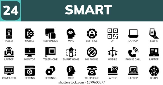 smart icon set. 24 filled smart icons.  Simple modern icons about  - Tablet, Mobile, Responsive, Mind, Settings, QR, Laptop, Selfie, Monitor, Telephone, Smart home, No phone, Phone call