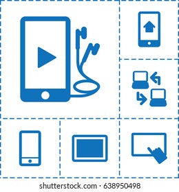 Smart icon. set of 6 smart filled icons such as finger on tablet, phone, tablet, phone and earphones, home on phone display