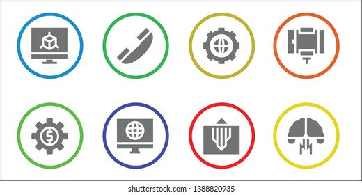 smart icon set. 8 filled smart icons.  Collection Of - Monitor, Settings, Telephone, Computer, Mind, Selfie stick, Brainstorming