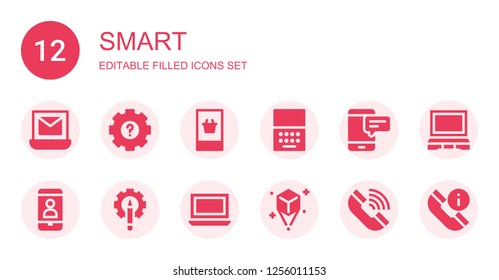smart icon set. Collection of 12 filled smart icons included Laptop, Settings, Smartphone, Phone, Hologram
