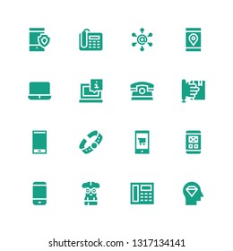 smart icon set. Collection of 16 filled smart icons included Mind, Telephone, Nerd, Smartphone, Bracelet, Learning, Phone, Laptop, Communication