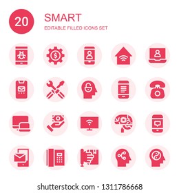 smart icon set. Collection of 20 filled smart icons included Smartphone, Settings, Phone, Smart home, Laptop, Mind, Mobile, Telephone, Responsive, Payment method, tv, Artificial intelligence