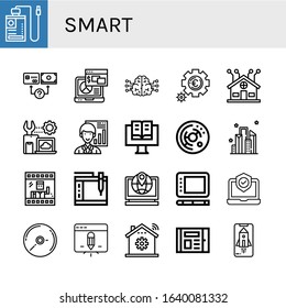 smart icon set. Collection of Power bank, Payment method, Laptop, Brain, Setting, Smart home, Settings, Analyst, Ebook, Cell, City, Photo, Graphic tablet, Cd, Tablet, Home automation icons