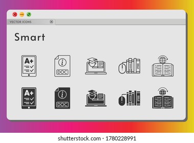 smart icon set. included e-reader, books, doc, training, learning icons on white background. linear, filled styles.