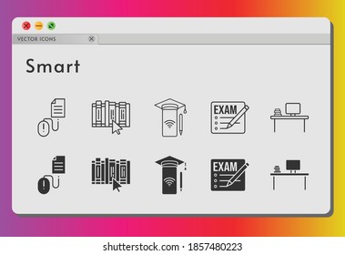 smart icon set. included exam, smartphone, desktop, book, click icons on white background. linear, filled styles.