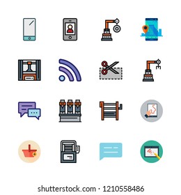 smart icon set. vector set about industrial robot, smartphone, tablet and chat icons set.