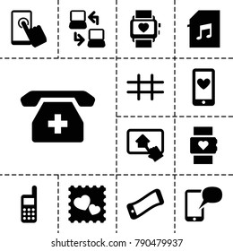 Smart icons. set of 13 editable filled smart icons such as heart rate watch, wavy phone, photo with heart, touchscreen, medical phone, memory card with music, grid