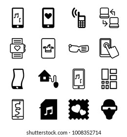 Smart icons. set of 16 editable filled and outline smart icons such as photo with heart, mobile phone music, memory card with music, phone, heart rate watch, touchscreen, grid
