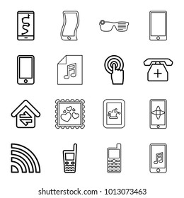 Smart icons. set of 16 editable outline smart icons such as route and phone, touchscreen, old phone, medical phone, signal, home connection, smart glasses, photo with heart