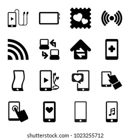Smart icons. set of 16 editable filled smart icons such as hand on smartphone, photo with heart, touchscreen, phone and earphones, signal, home connection, laptop connection