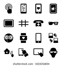 Smart icons. set of 16 editable filled smart icons such as finger on tablet, nerd emoji, heart rate watch, route and phone, heart mobile, tablet, phone, grid