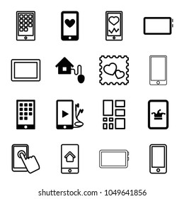 Smart icons. set of 16 editable filled and outline smart icons such as poker on phone, phone and earphones, smart home, photo with heart, touchscreen, tablet